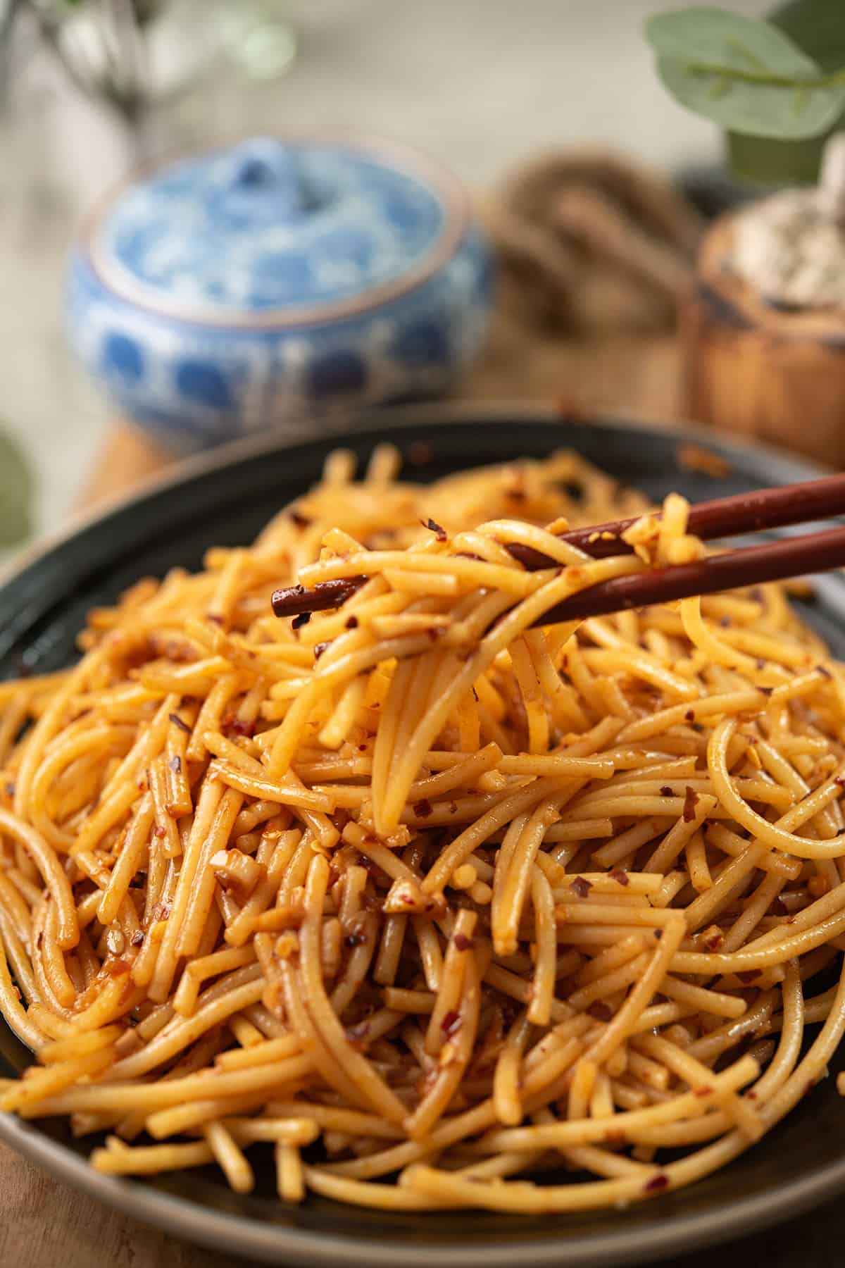 spicy garlic udan noodles in a plate