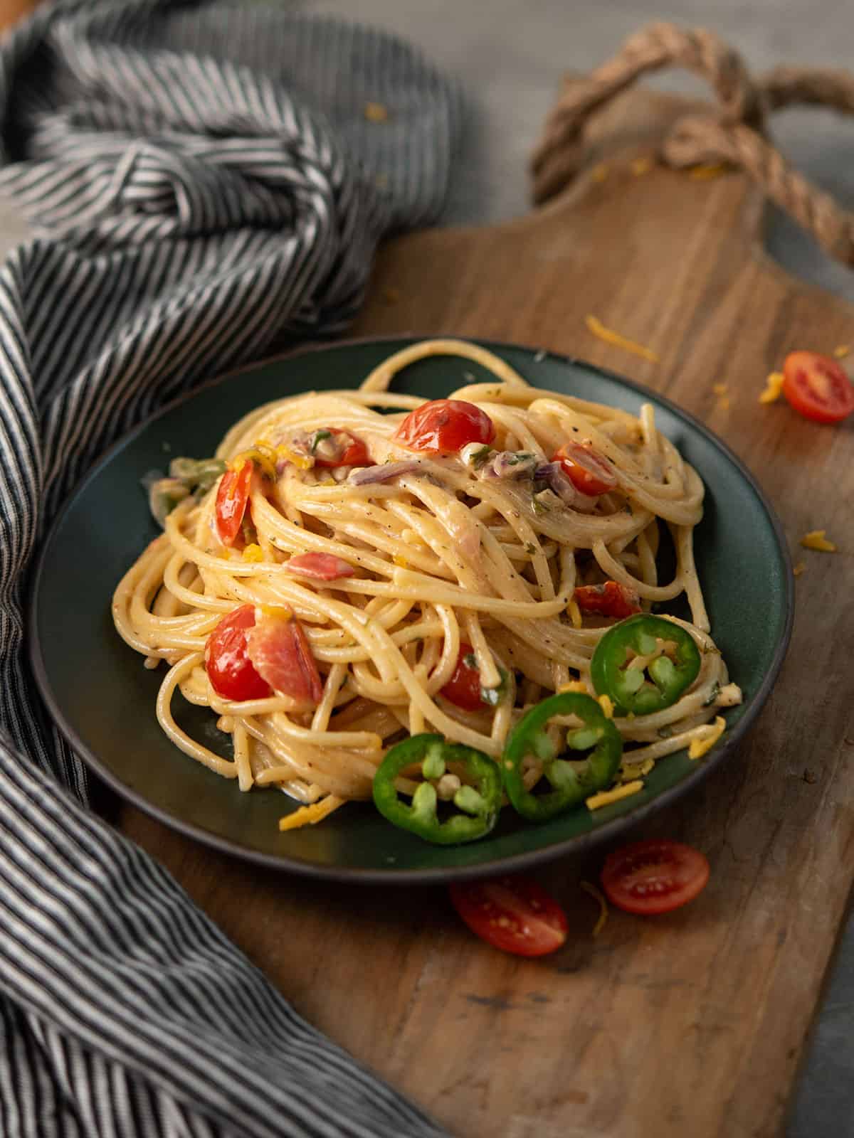served the creamy and spicy  jalapeno spaghetti in a single serve plate