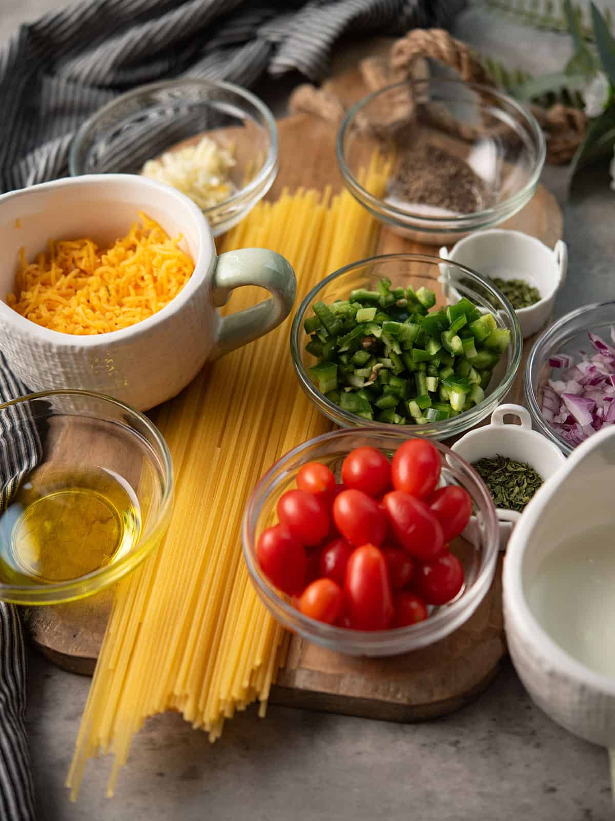 the ingredients for the jalapeno spaghetti assembled in the kitchen counter