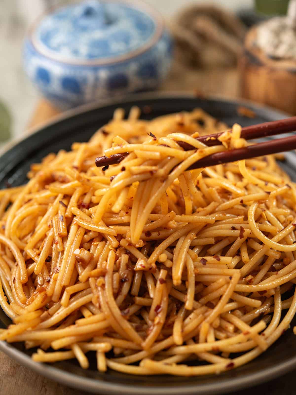 ready to eat chopstick with spicy garlic noodles