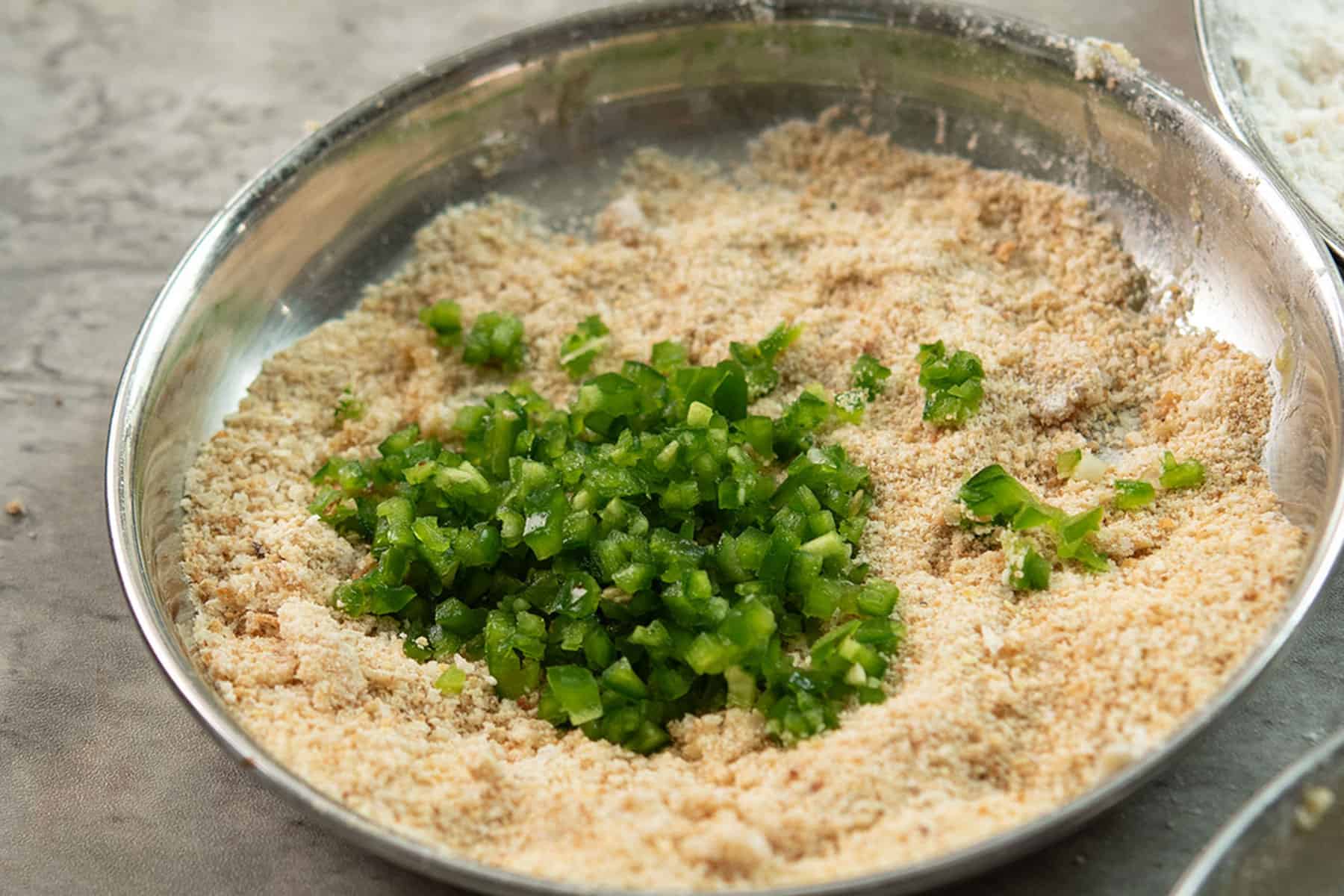 step 1 bowl with bread crumbs and jalapeno