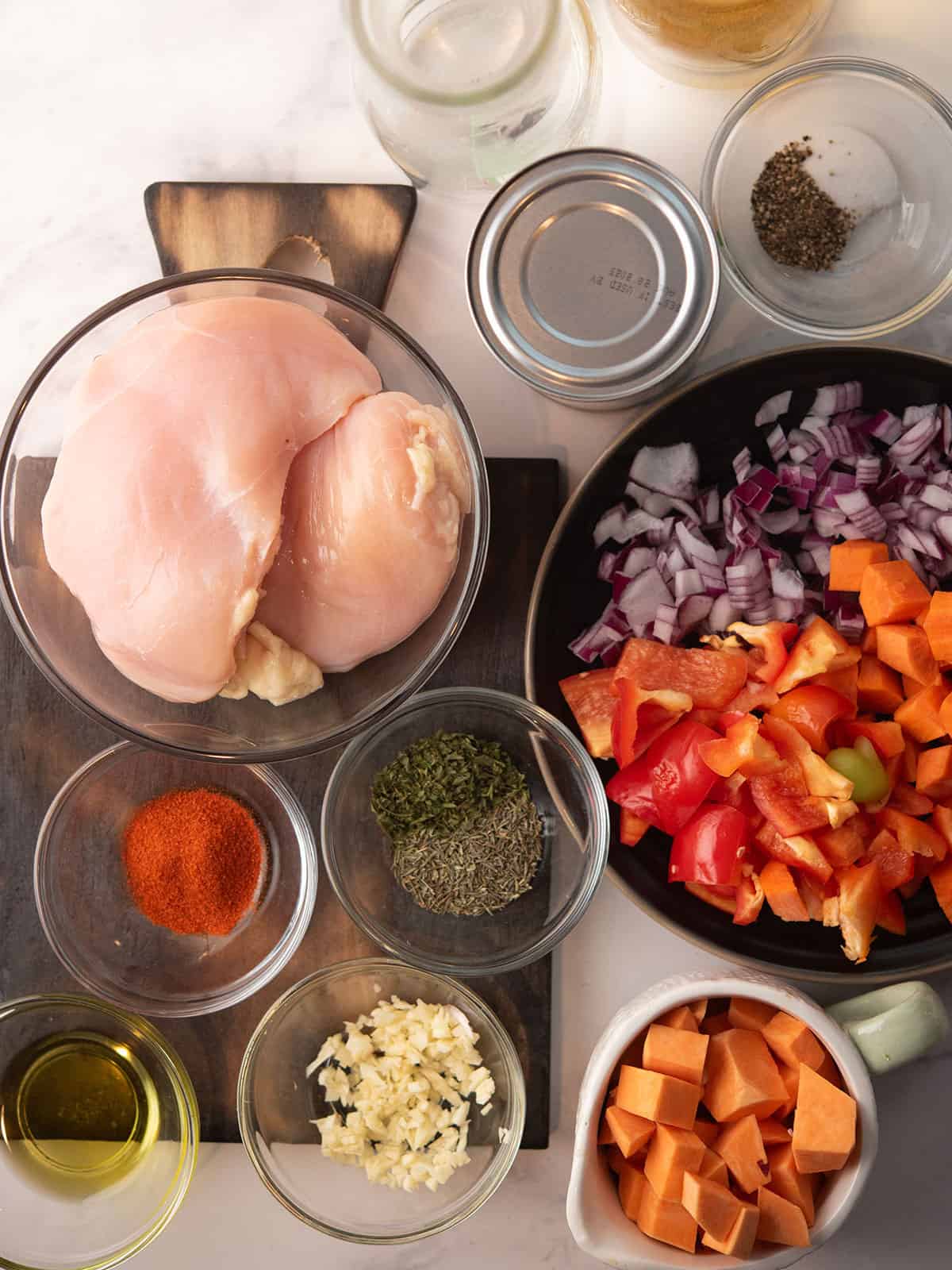 the ingredients for the paprika chicken soup assembled over the kitchen counter