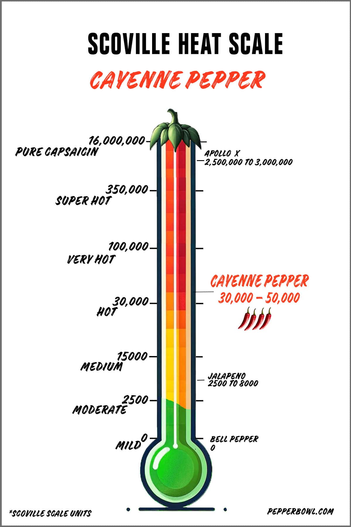 Illustration of the cayenne pepper in the Scoville scale, representing its hot heat intensity.
