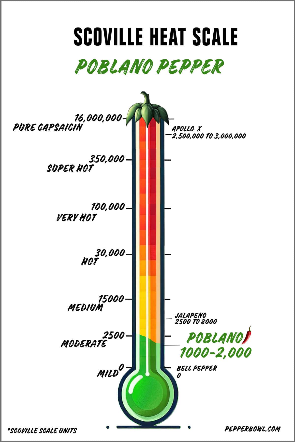 Illustration of the poblana pepper in the Scoville scale, representing its moderate level of heat intensity.