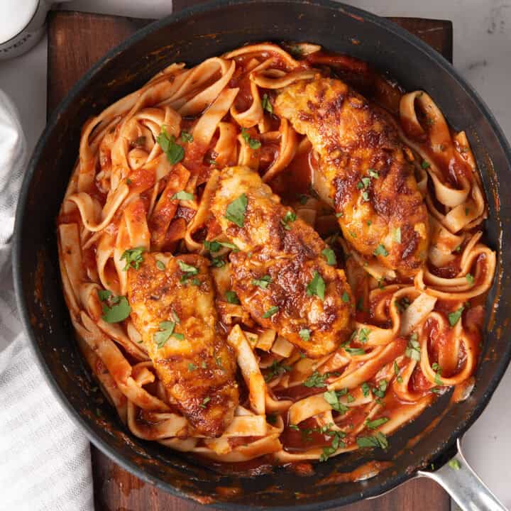 chicken curry pasta in a pan