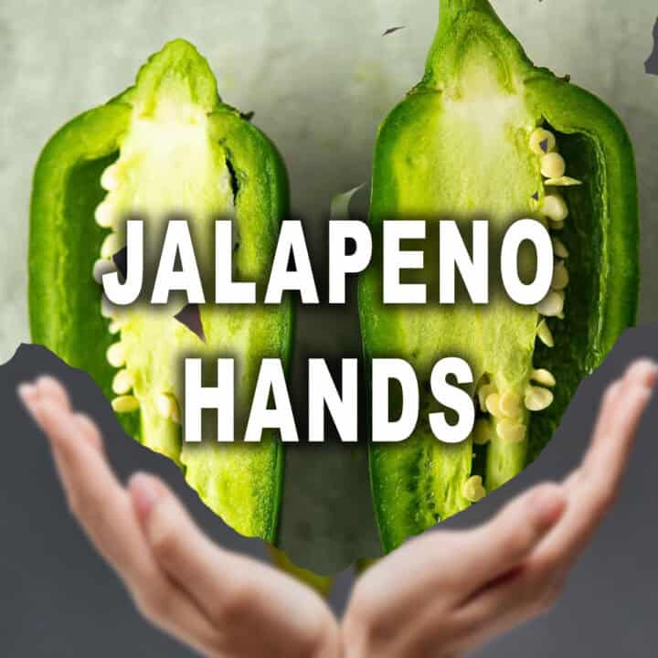 jalapeno hands text with sliced jalapeno peppers in the background