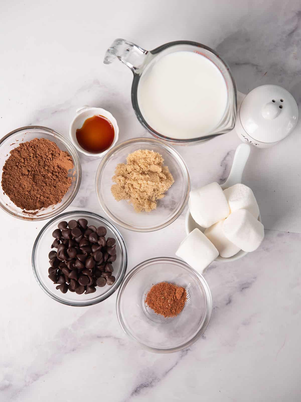 The ingredients for the Cajun hot chocolate assembled in the kitchen counter top