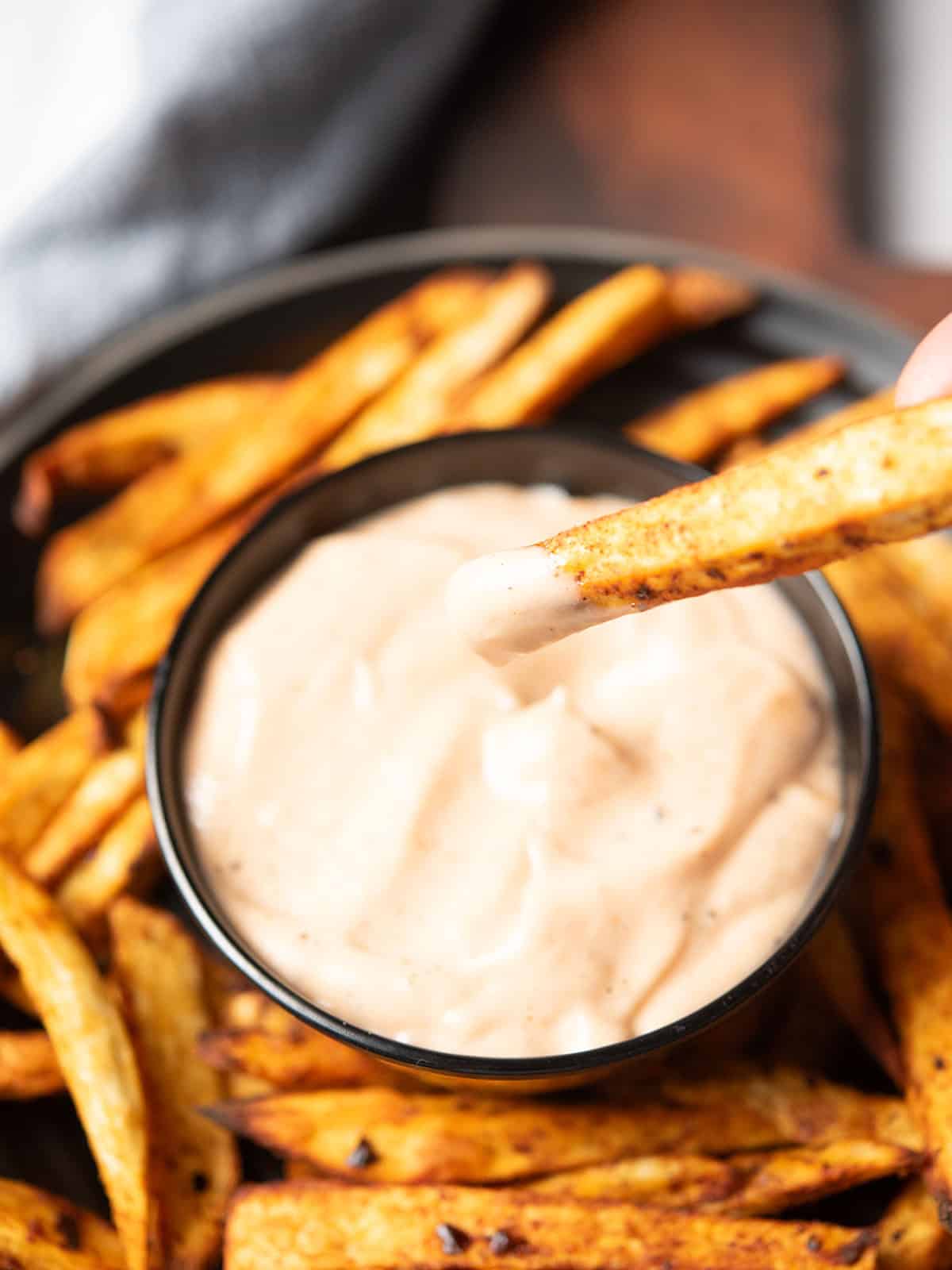 served Japanese sweet potato fries with creamy dipping sauce