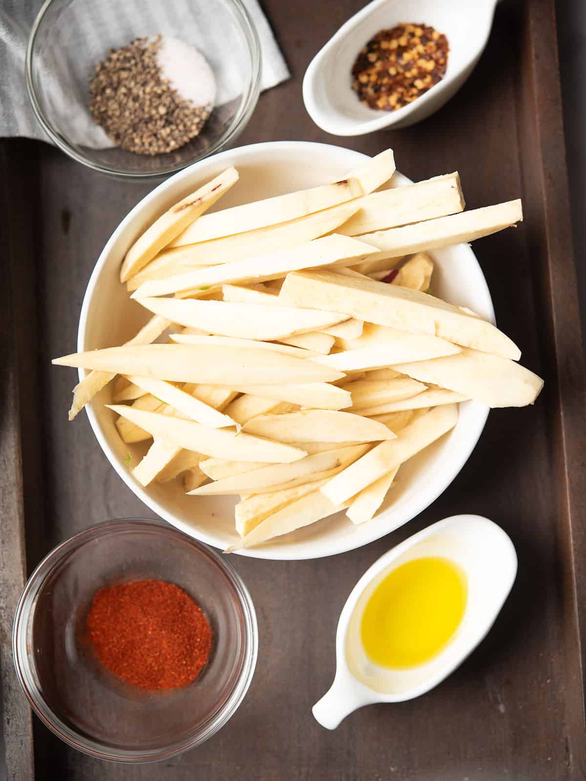 ingredients for the Japanese sweet potato fries assembled in counter top