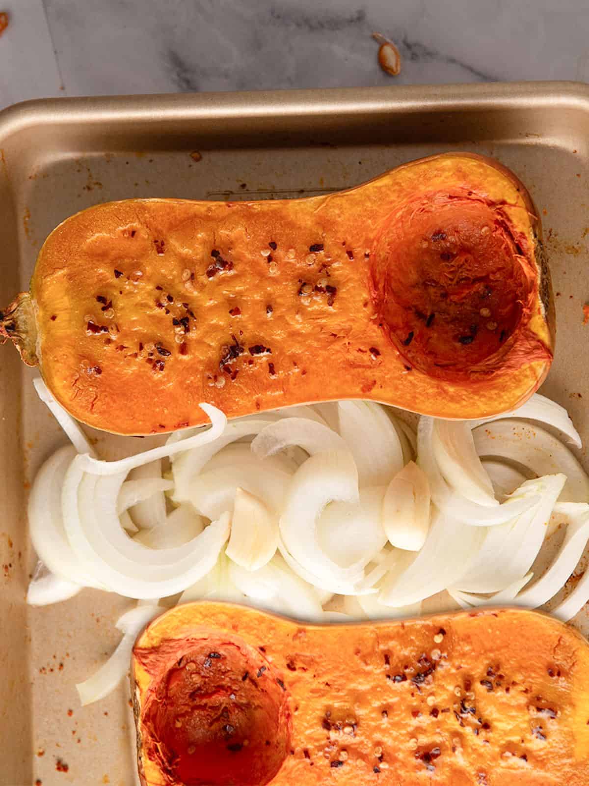 roasting the butterrnut squash and onion