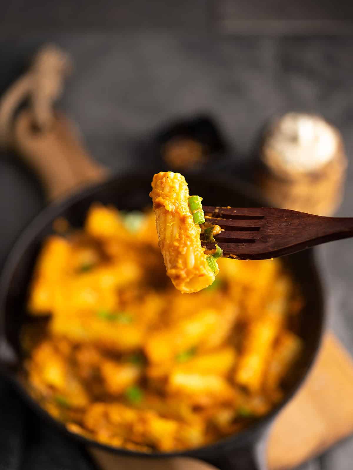 Close-up of spicy rigatoni pasta in a white bowl, showing the rich, tangy sauce clinging to each tube-shaped pasta with a fork