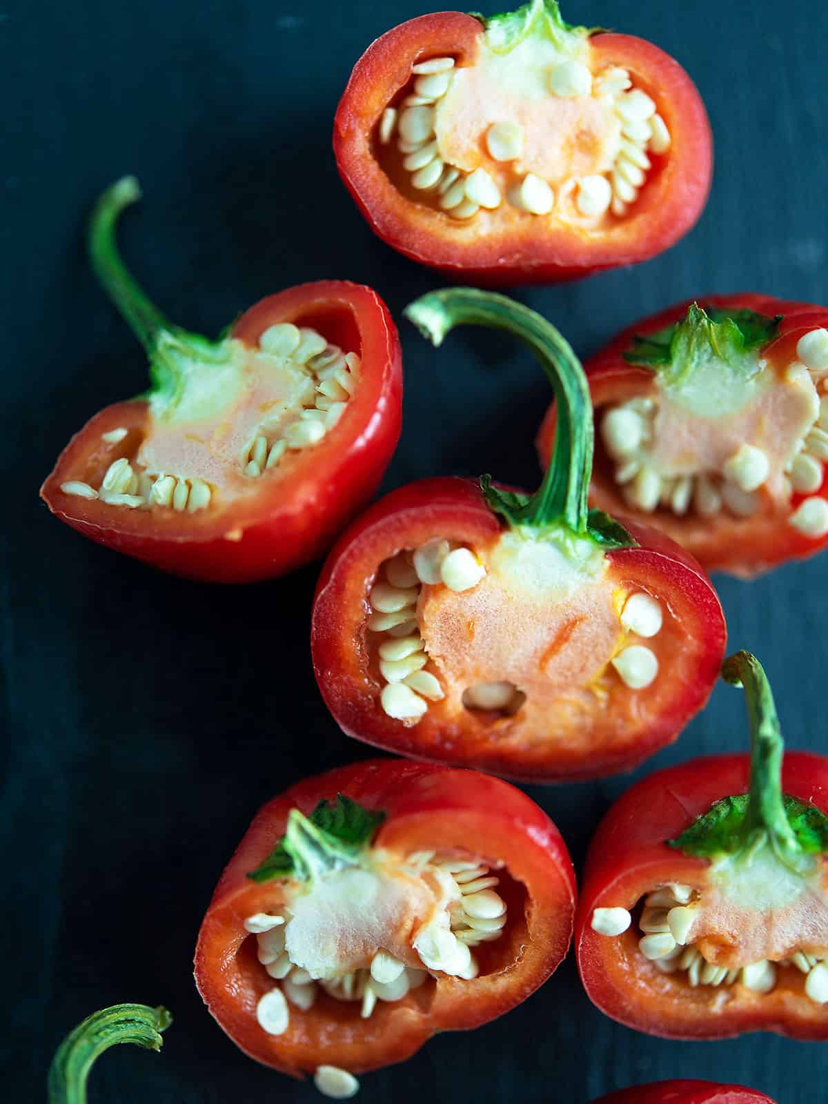 Sliced cherry peppers ready to be stuffed