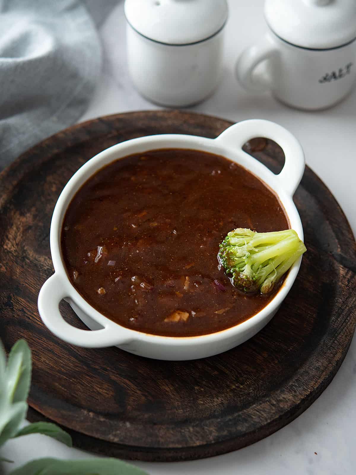 Black pepper sauce in a bowl, ready to serve.