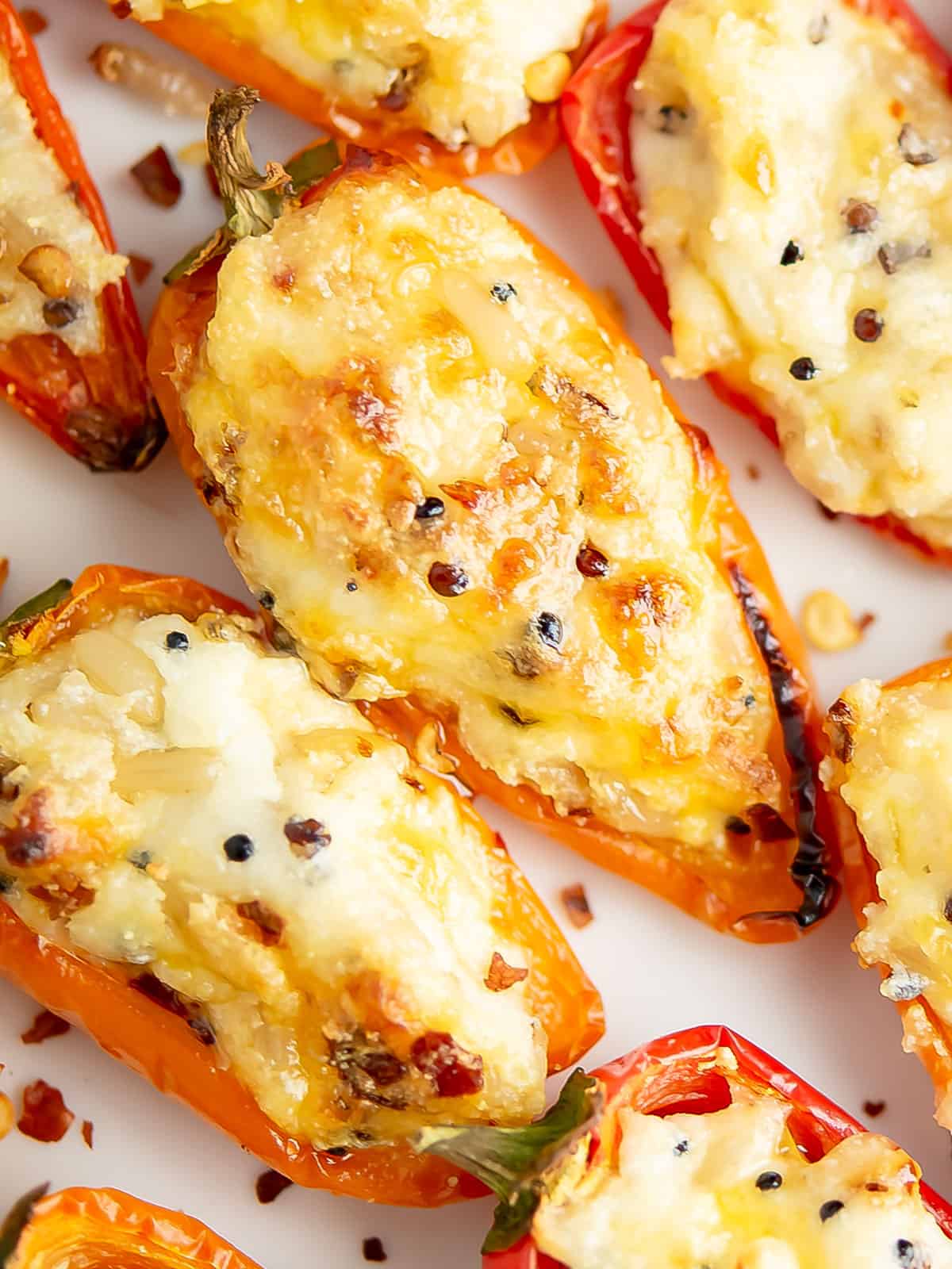 Close-up of baked cream cheese stuffed mini peppers with golden cheese topping.