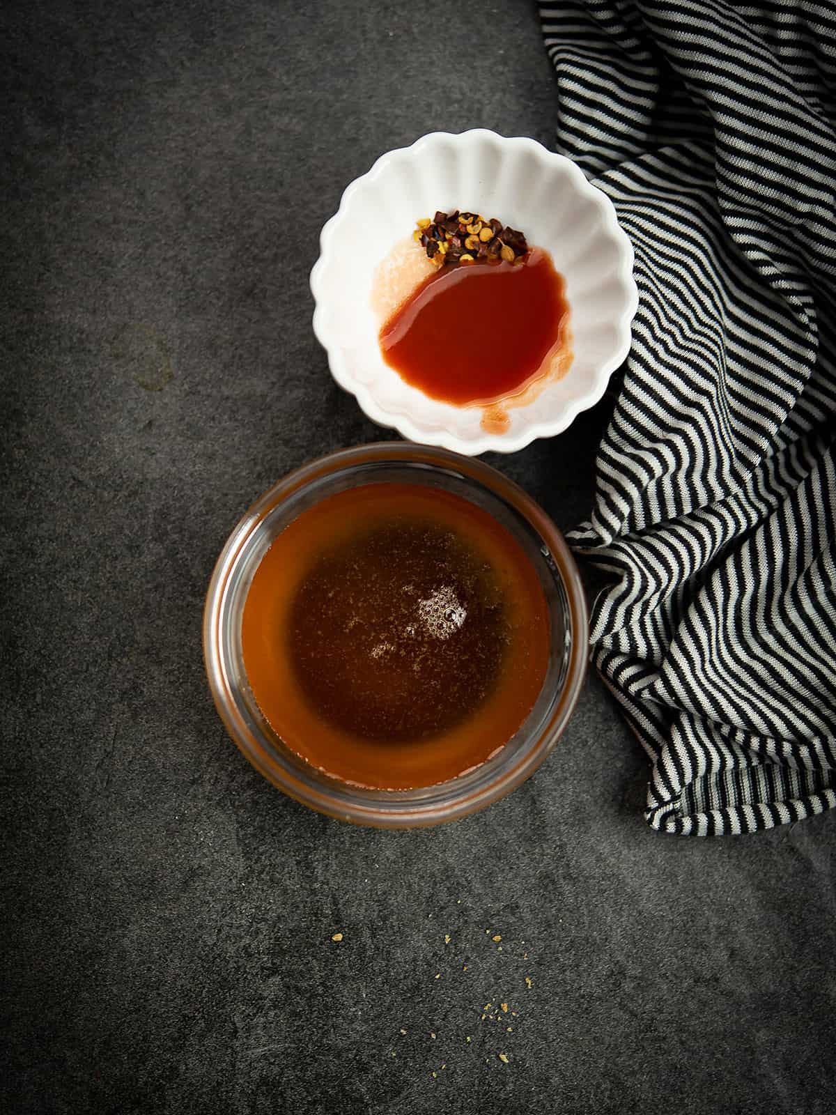 ngredients for hot honey sauce: honey and roasted red peppers.