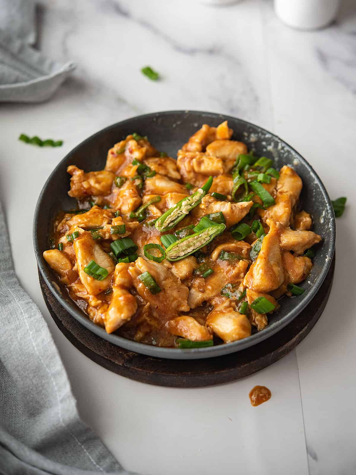 hot and spicy Chinese chicken served in a plate
