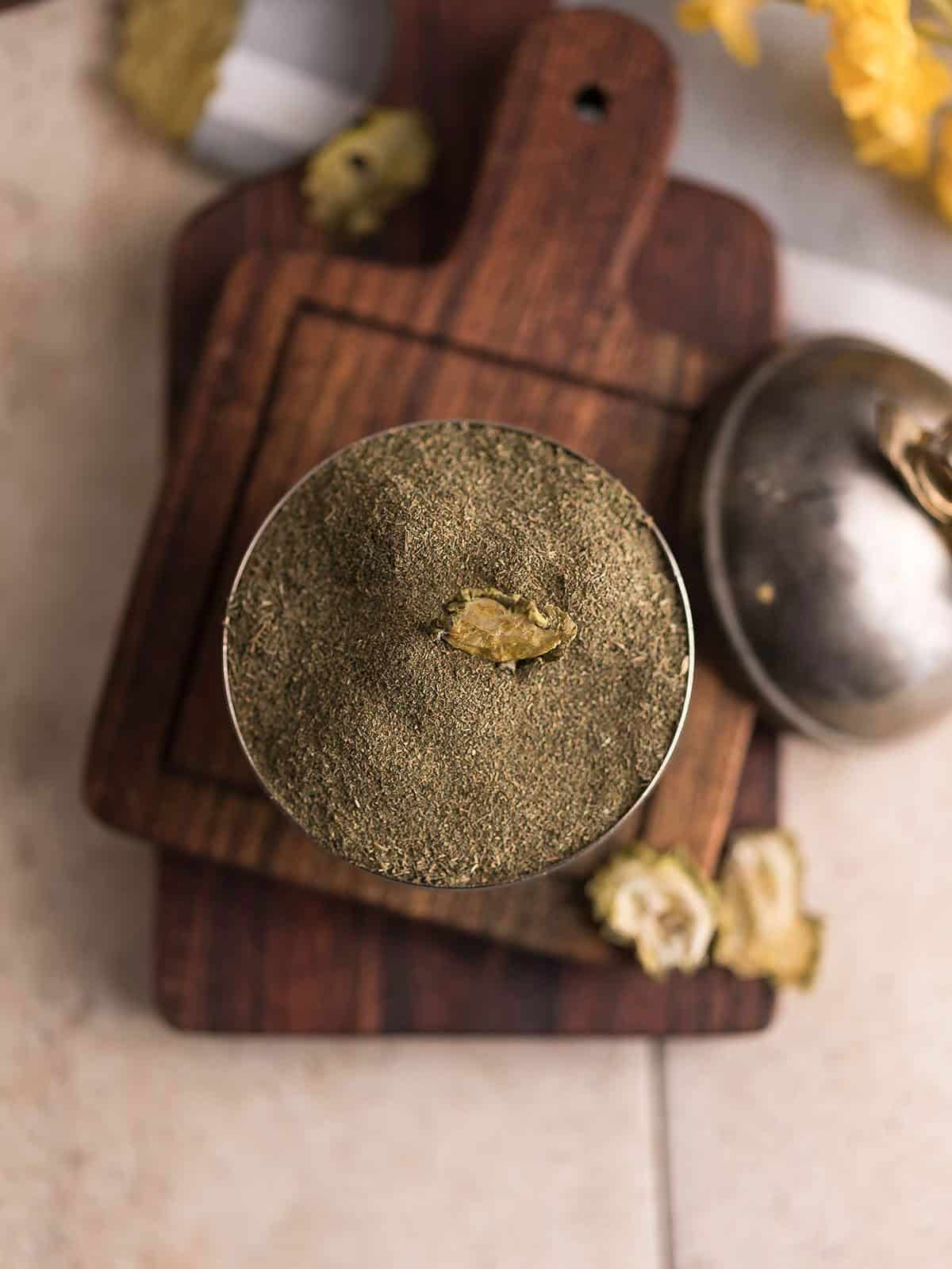 overhead view of pickle powder with dried pickles on the top
