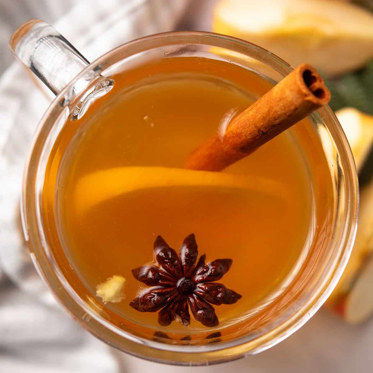 spiced apple cider served in a glass with lemon slices and the cool drink