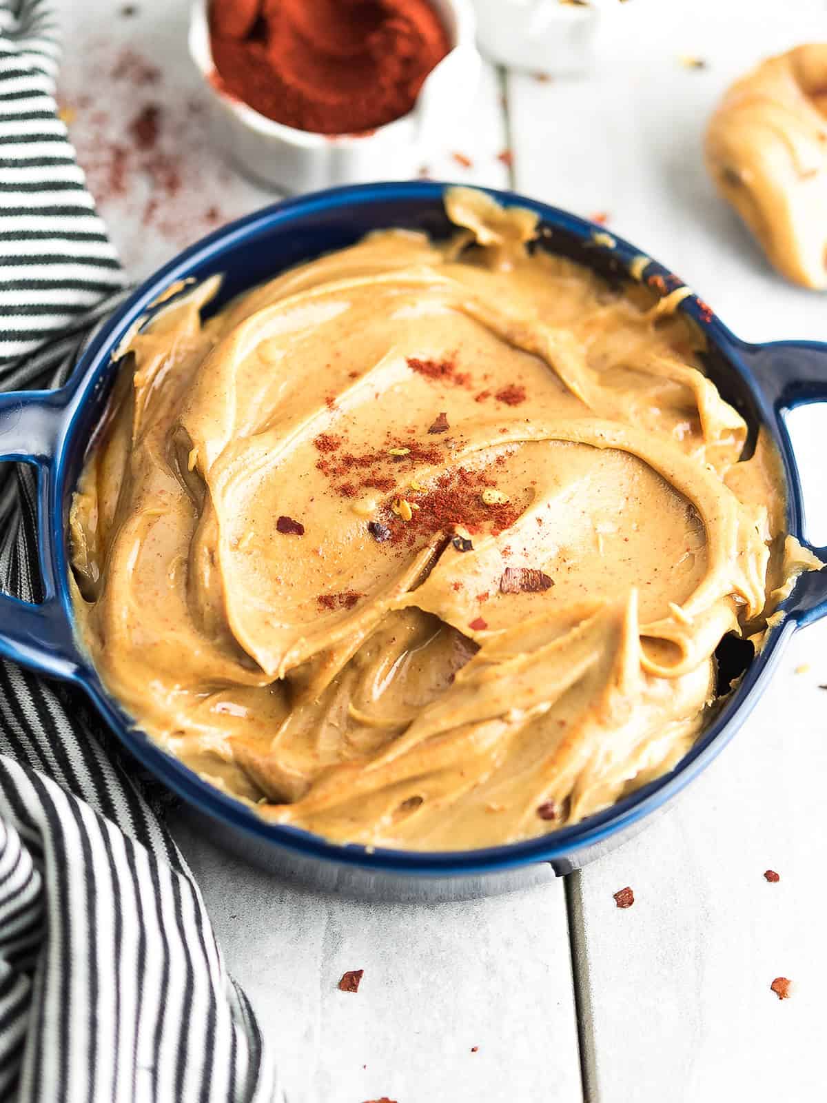 spicy peanut butter in a dipping bowl and ready for dipping