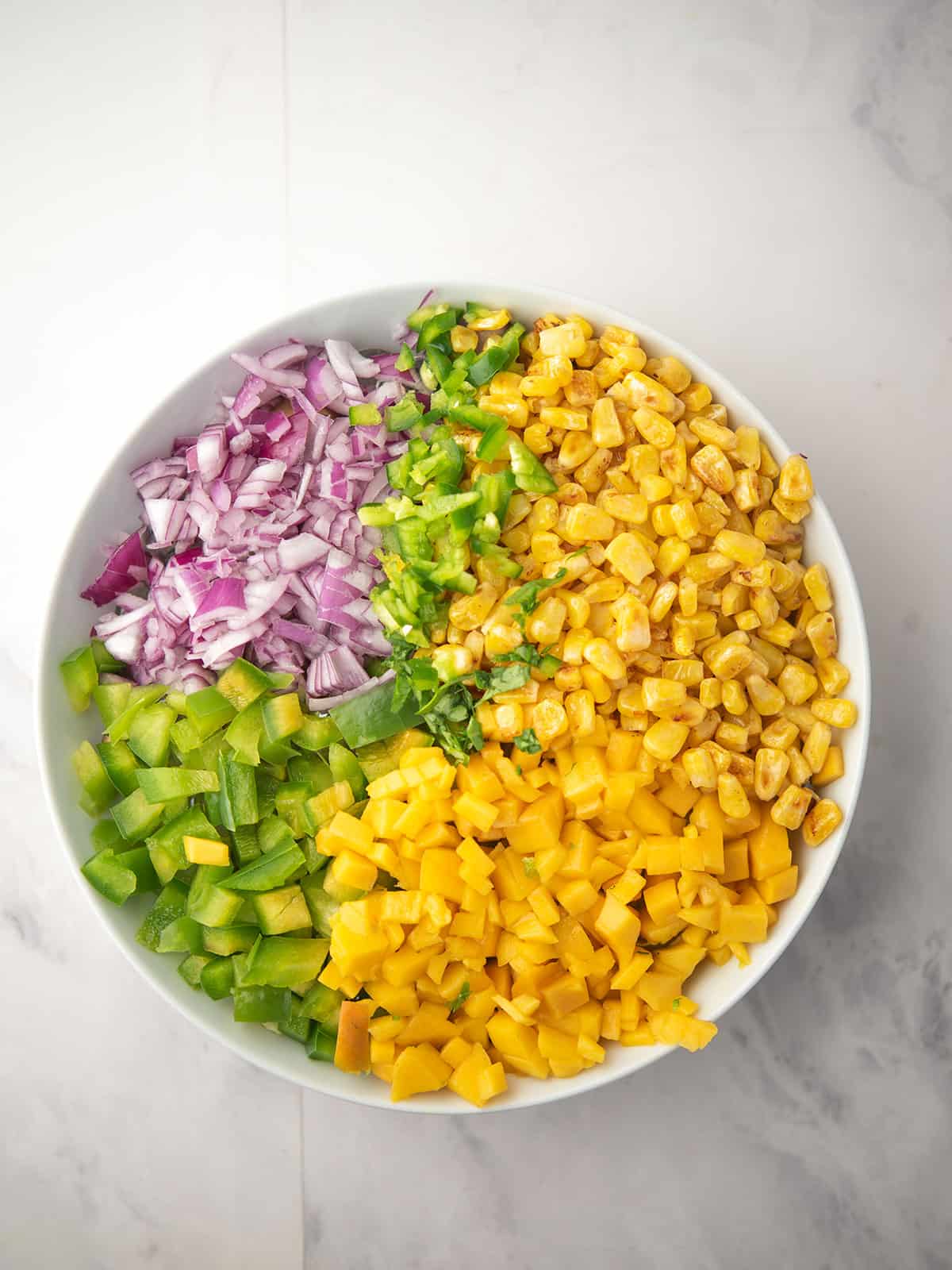 Add chopped mango, corn, vegetables, cilantro, and lime juice to a large bowl.