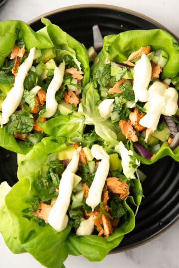 salmon lettuce wraps drizzled with spiced sauce, and served in a plate.