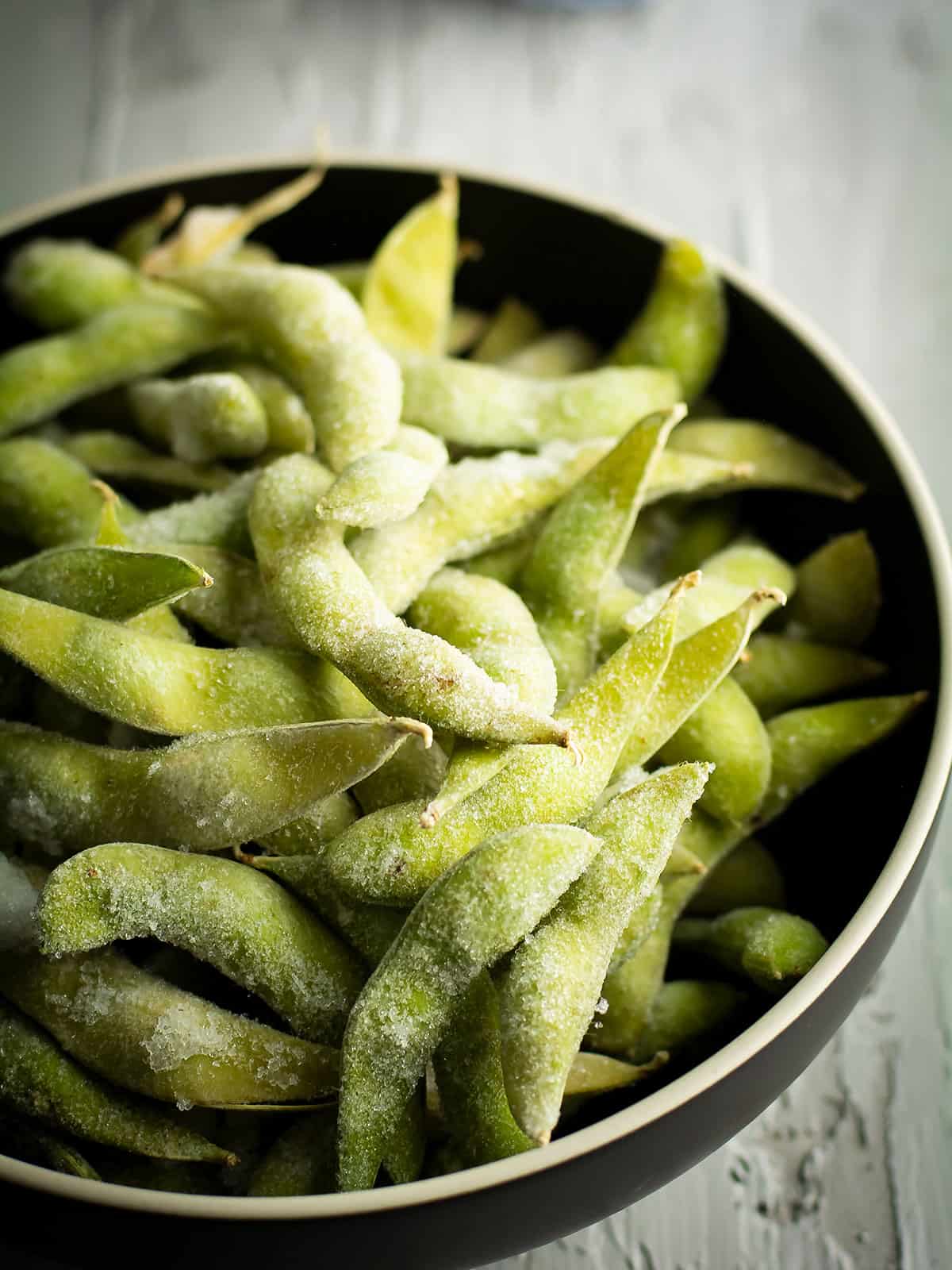 The main ingredient for spicy garlic edamame: Frozen edamame.