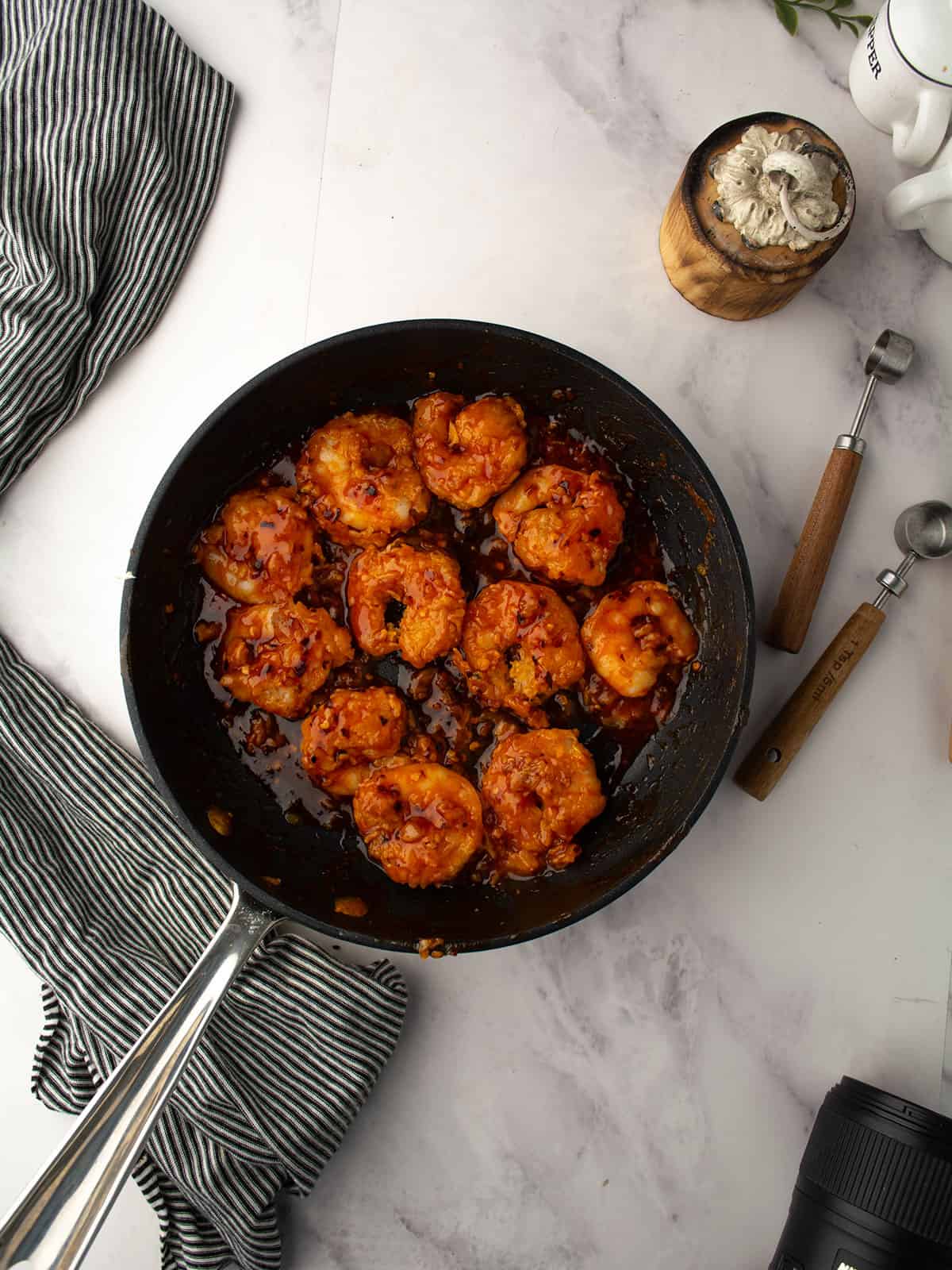 volcano shrimp is ready to serve in a pan.