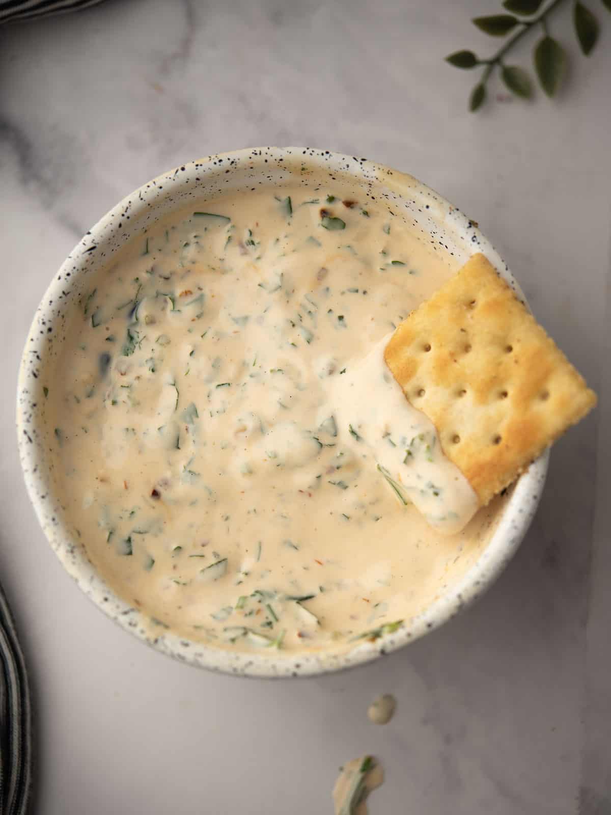 chimichurri aioli in a bowl and dipped with crackers