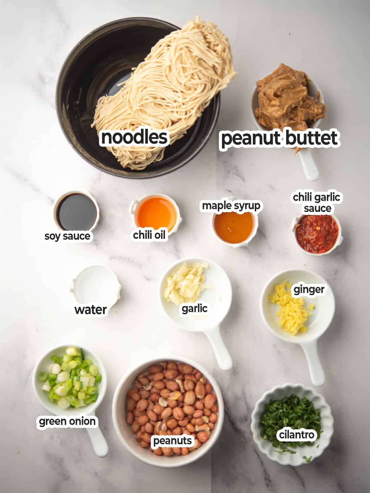 Ingredients for Chili Peanut Noodles: noodles, peanut butter, soy sauce, and more.