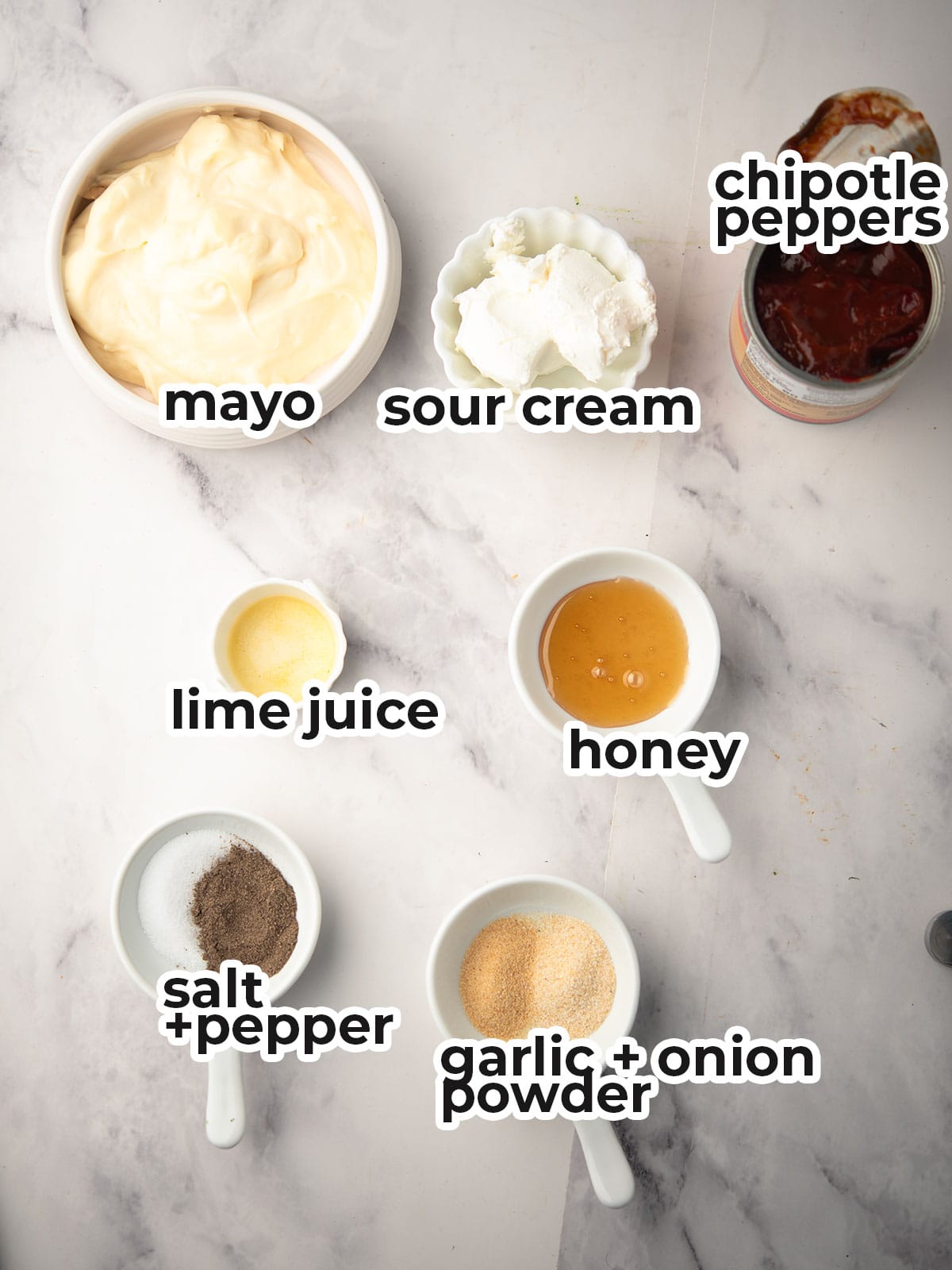 Ingredients for Chipotle Lime Sauce: mayonnaise, chipotle peppers, lime, and spices.