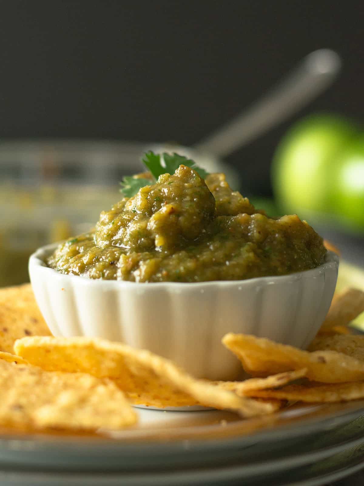 roasted green tomato salsa served as a dip with chips