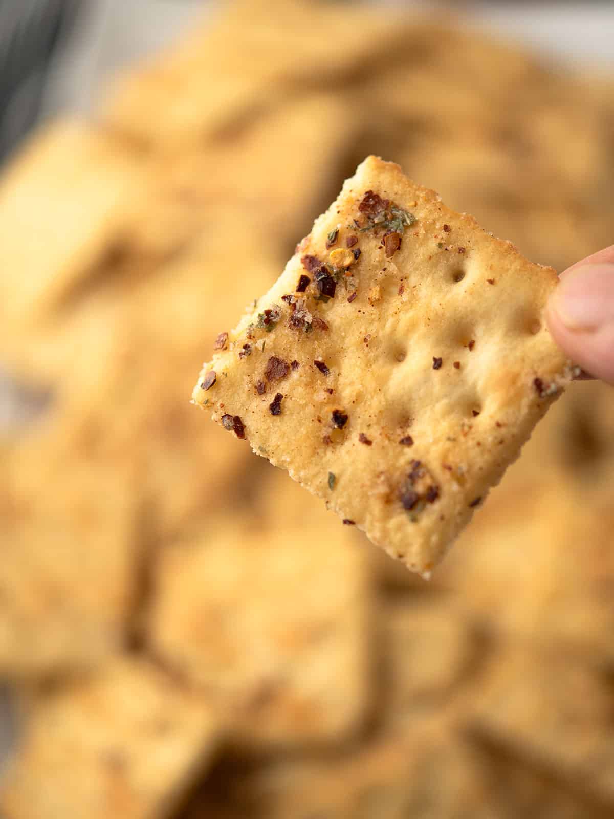 Close-up of crispy Saltine crackers with a spicy coating.