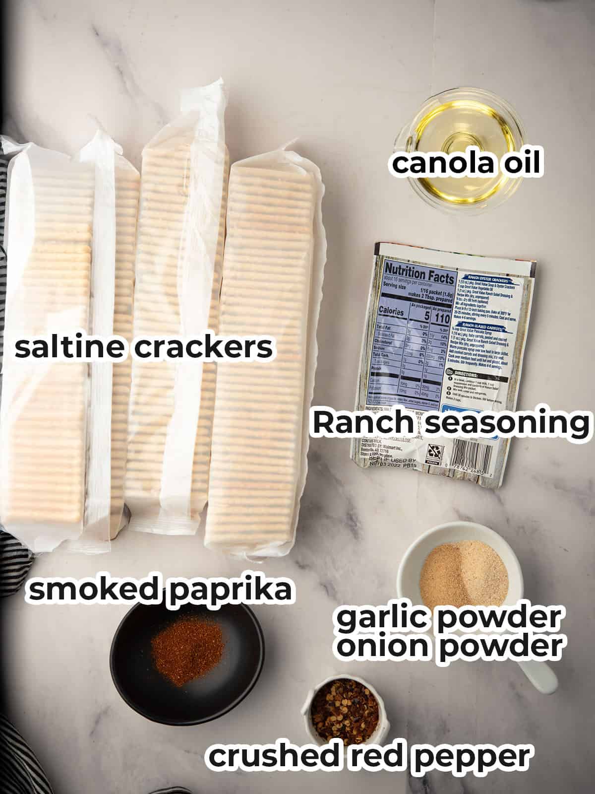 Ingredients for Spicy Saltine Crackers: crackers, oil, seasoning, and spices.