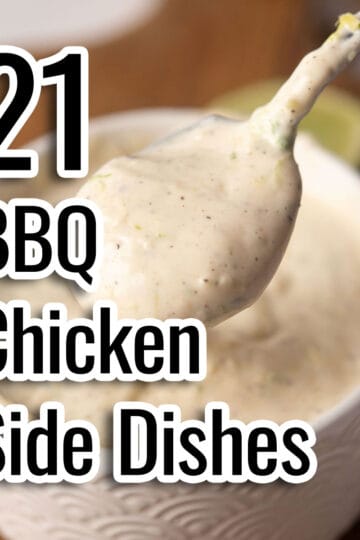 BBQ chicken side dish recipes is a collection of sauces, dip, salad, depicted with the sauce on the background.