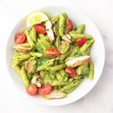 Bowl of avocado chicken pasta ready to serve