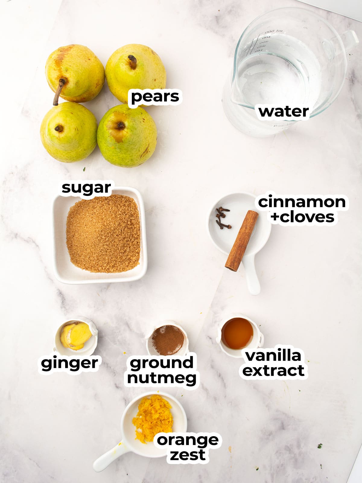 Ingredients for spiced pears include pears, sugar, spices, and water.