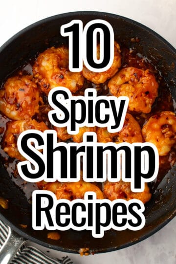 spicy shrimp recipes font is placed over a pand fried spicy shrimps
