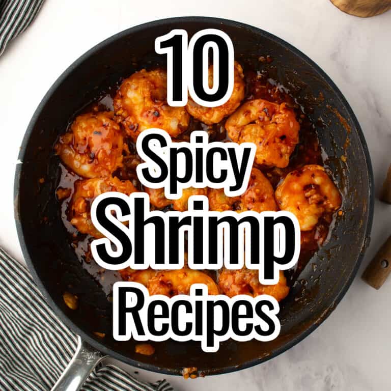 spicy shrimp recipes font is placed over a pand fried spicy shrimps