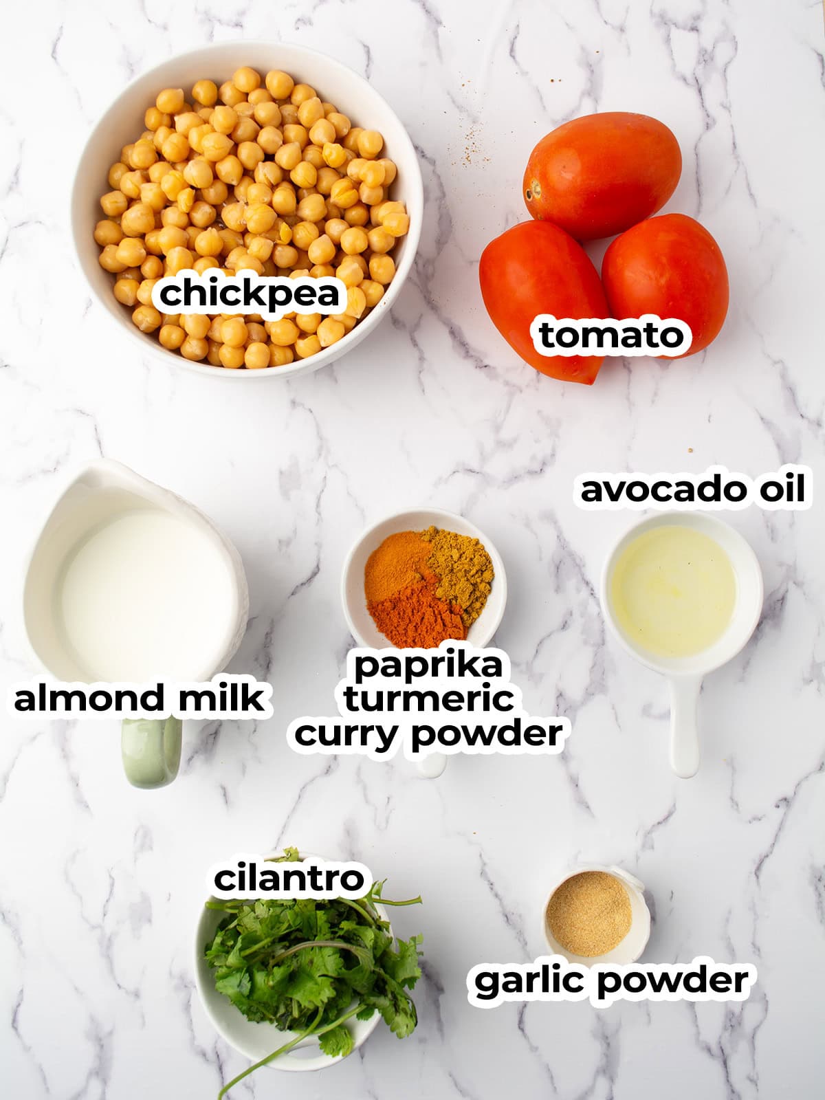 ingredients for the chickpea curry without coconut milk arranged in the kitchen counter