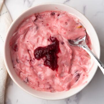 cranberry aioli, with cranberry sauce on the top, ready to serve