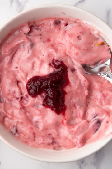 cranberry aioli, with cranberry sauce on the top, ready to serve