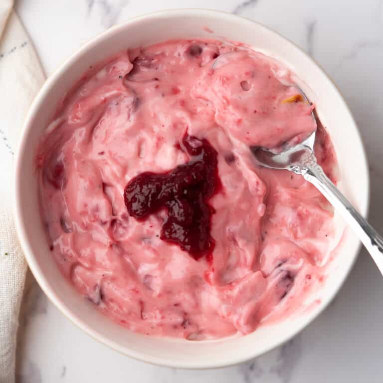 cranberry aioli, with cranberry sauce on the top, ready to serve