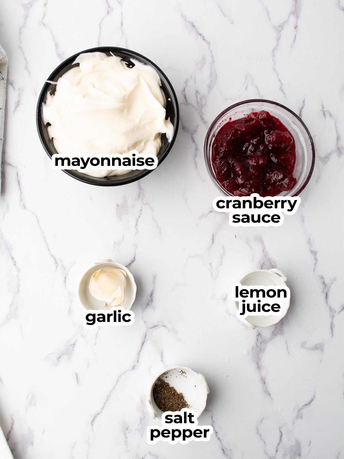 the ingredients for the cranberry aioli arranged in the kitchen counter
