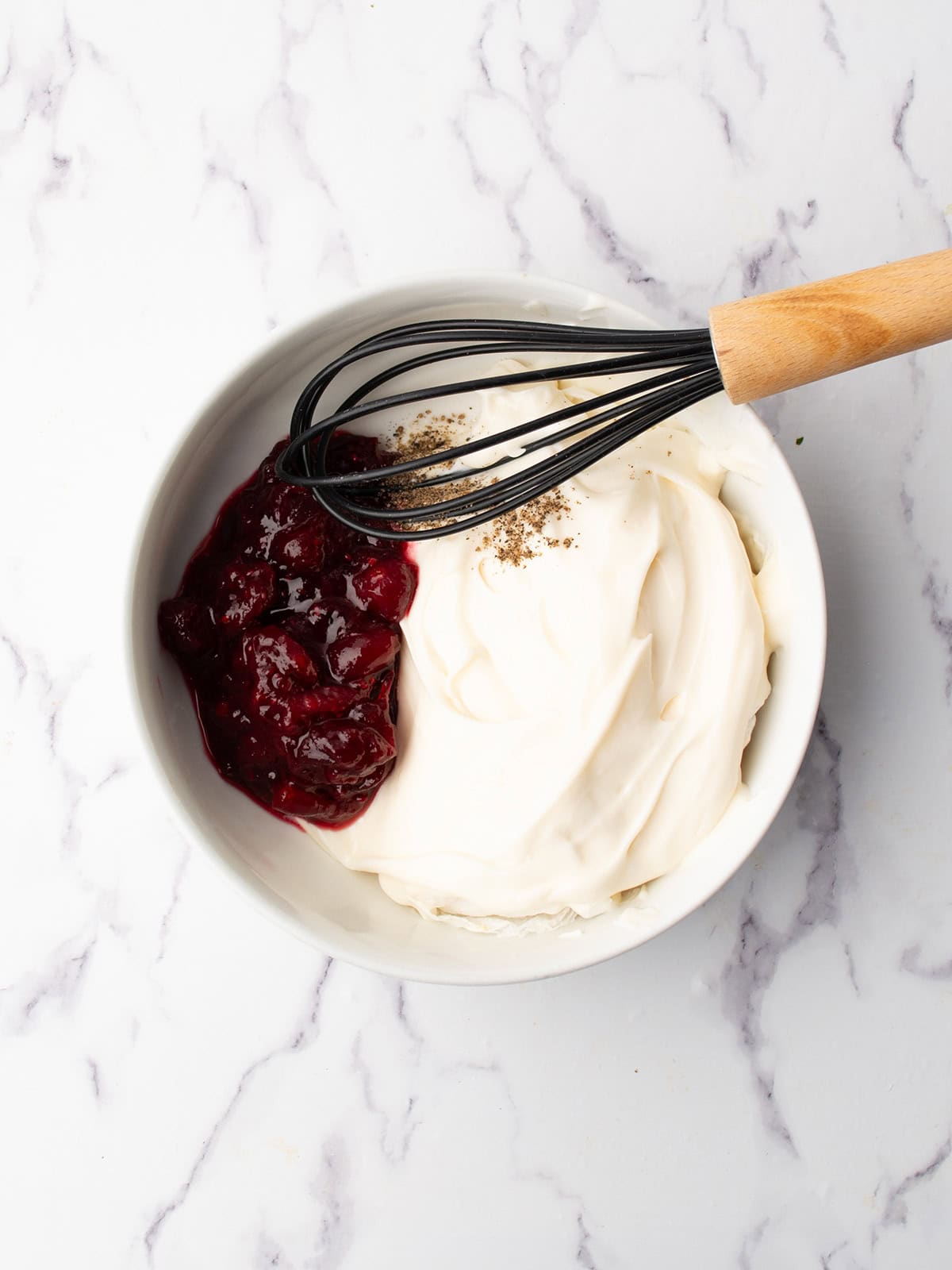 ingredients are combined with a whisk