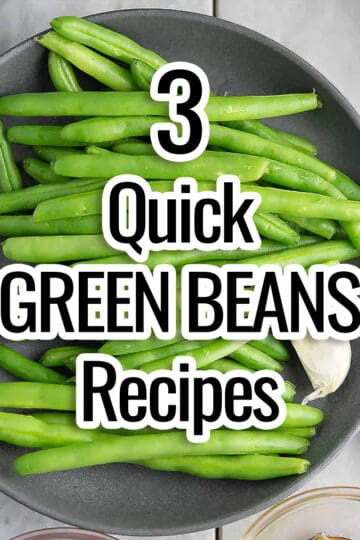 spicy green beans recipes text placed over the vegetable