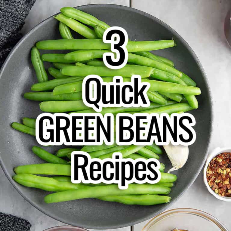 spicy green beans recipes text placed over the vegetable