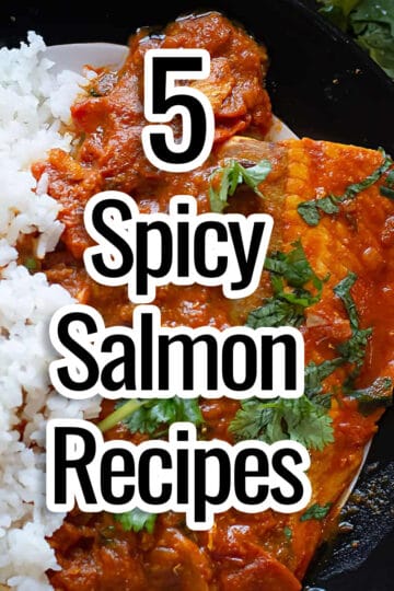 spicy salmon recipes text overly over a seafood dinner plate