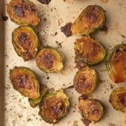 Roasted brussels sprouts with sweet potatoes, roasted in the sheet pan.