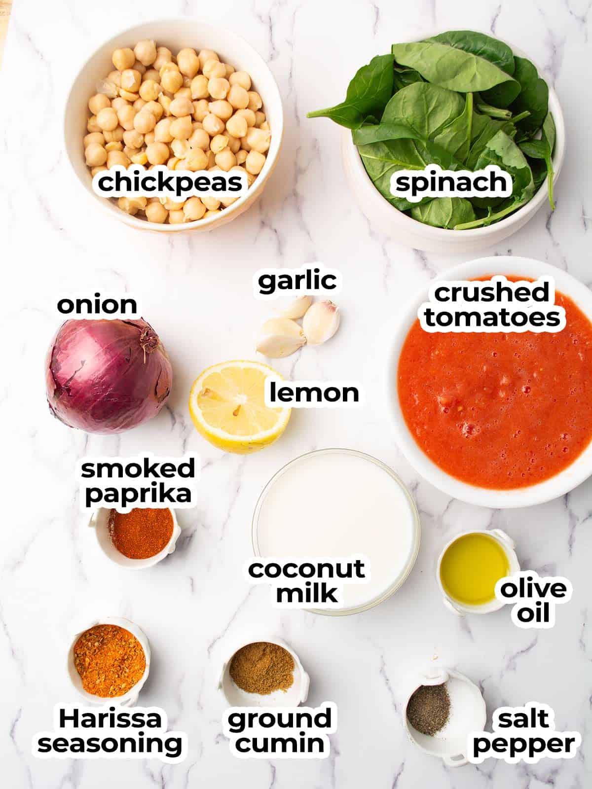 ingredients for the harissa chickpeas assembled in the kitchen counter.