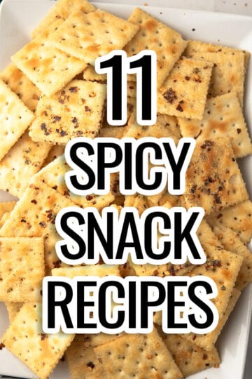 spicy snack recipes font placed over the bowl of crackers.